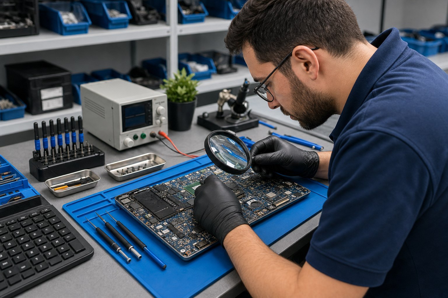 An engineer carefully inspecting a laptop motherboard through a magnifying lens